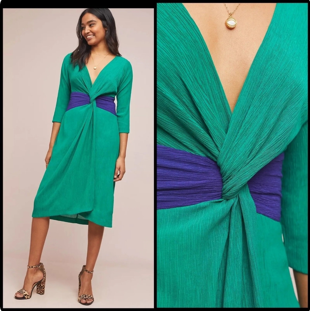 00P Moulinette Soeurs by Anthropologie Esme Wrap Dress | Green Textured Knotted